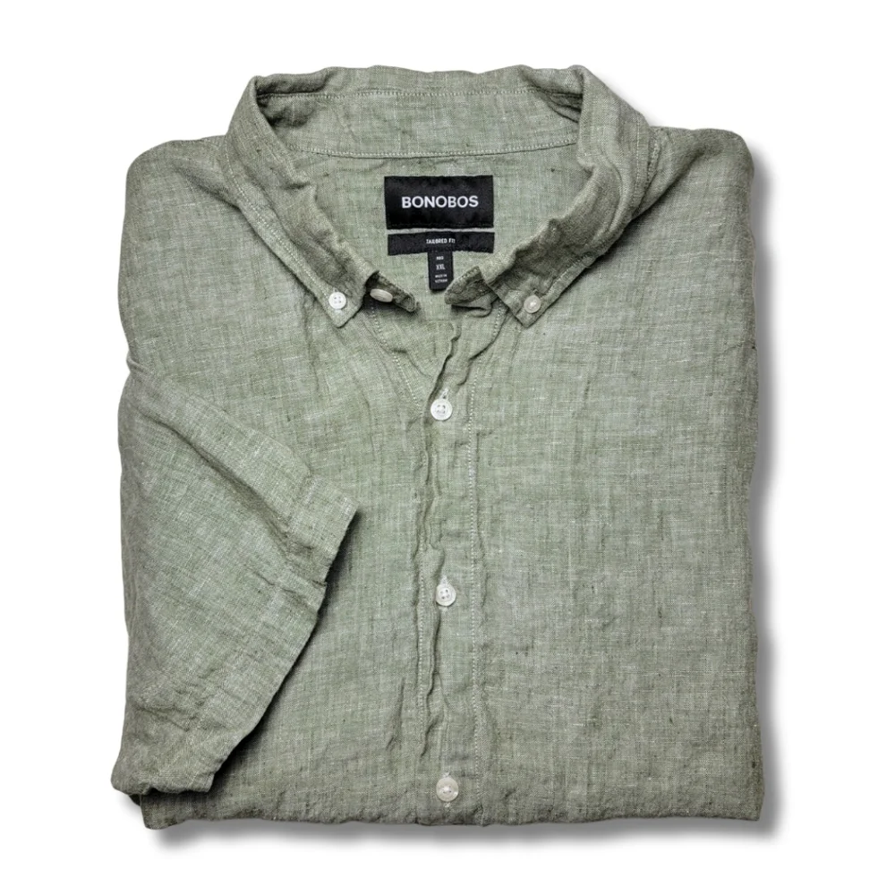 Bonobos Olive Green 100% Linen Riviera Tailored Fit Short Sleeve Shirt - Picture 1 of 6